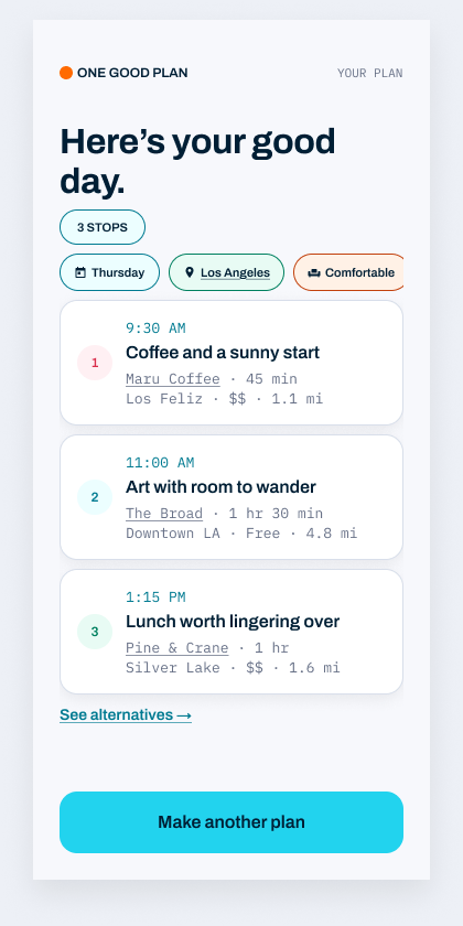 A Good Fckn Day itinerary screen with three timed stops, locations, approximate costs, and alternatives.