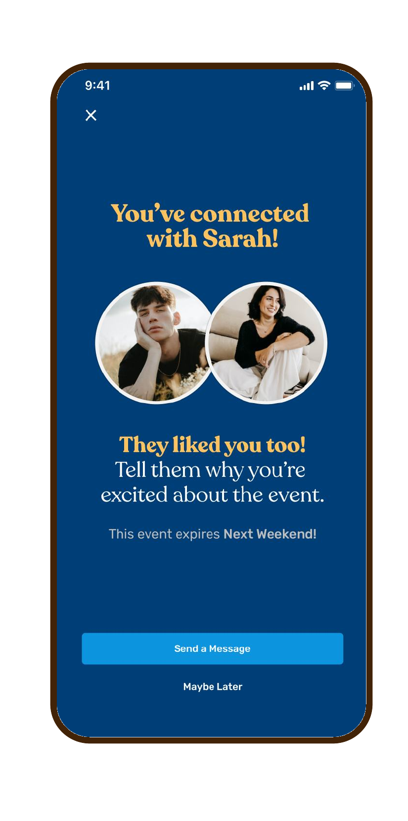 Pitch Social match confirmation shown in a rounded mobile device frame, inviting two connected users to start a conversation about a shared event.