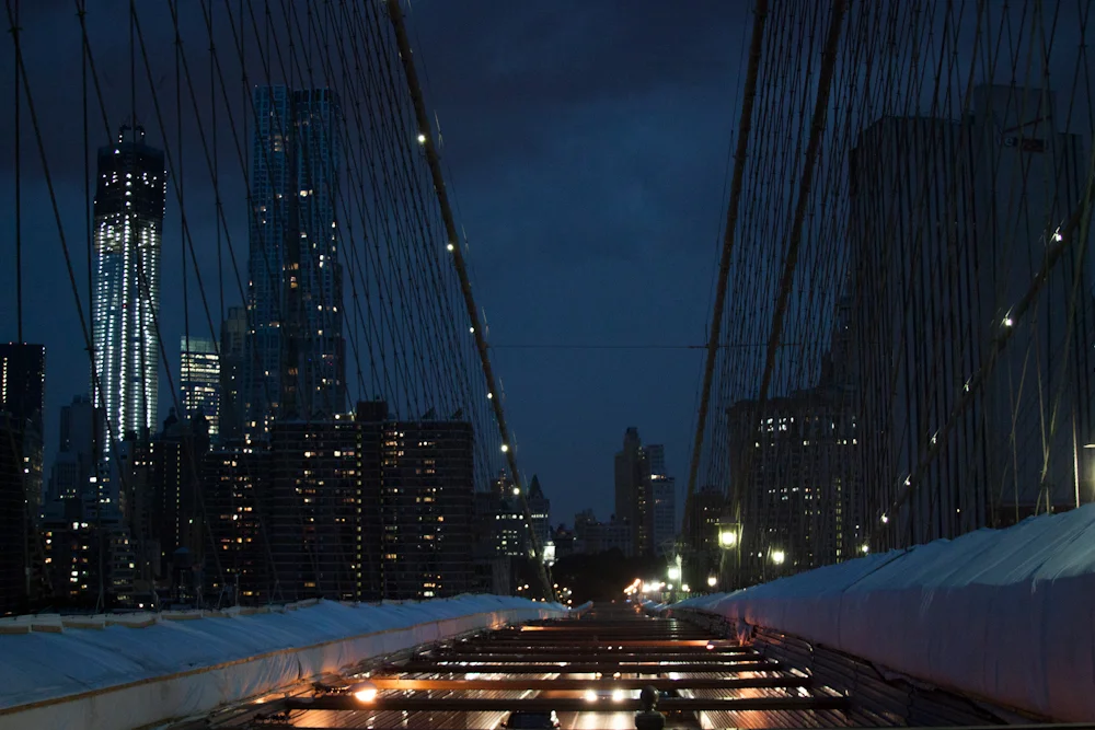 Brooklyn Bridge, NYC, street photography, twilight, cars, dusk, Freedom Tower