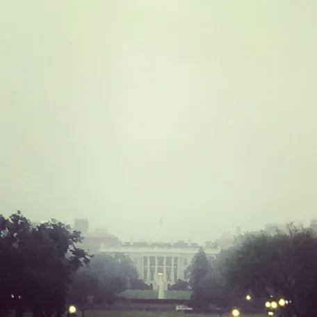 The White House through the rain took on a hazy, dream-like appearance.