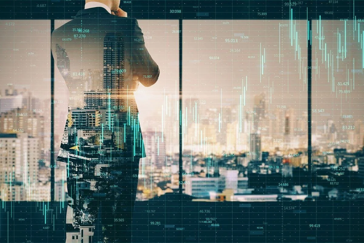 Business professional overlooking a city with digital data charts representing strategic planning and team alignment for SAP implementation