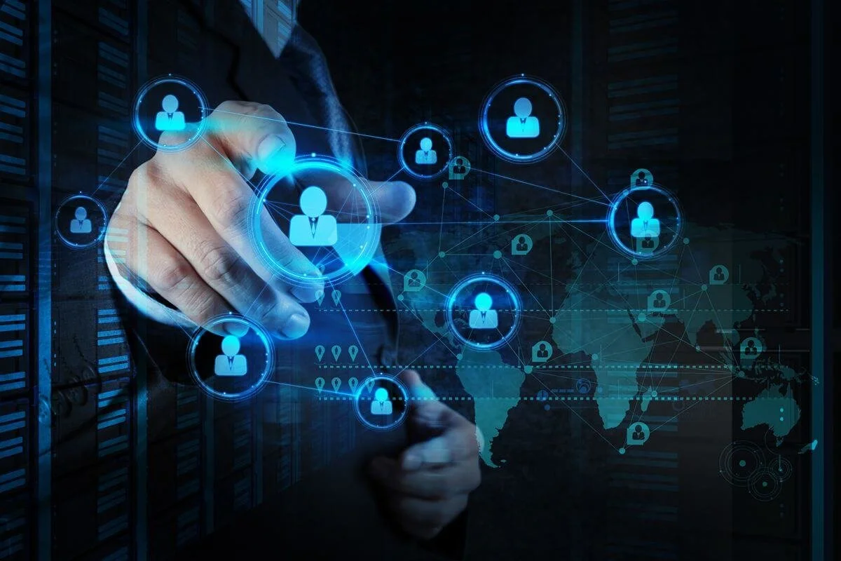 Business professional interacting with a digital network interface representing connected users and SAP HANA implementation support