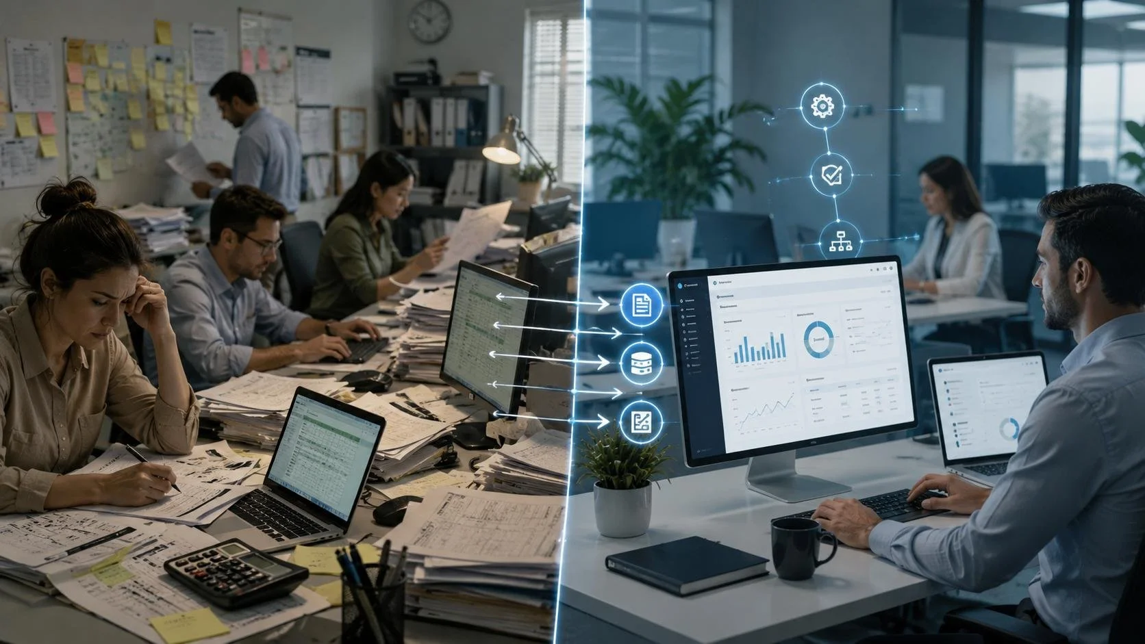 Manual business processes transforming into automated ERP workflows on a digital dashboard