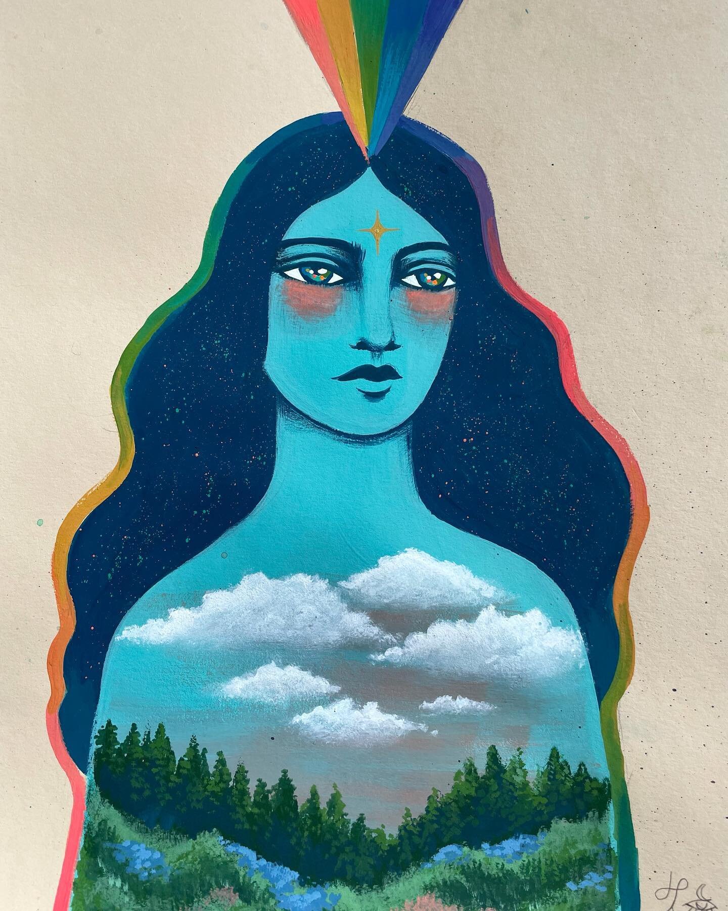 Blue lady with a splash of landscape. Something tells me there will be more happy trees and happy clouds in my future. #bobrossforever🎨  This piece and a few others are still available from my show @talongallery