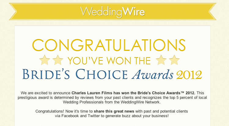 2012 Wedding WIre Bride's Choice Awards Charles Lauren Films wedding videography