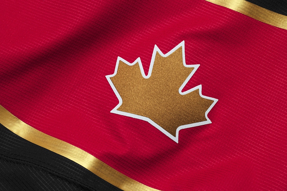  A gold maple leaf replaces the Canadian flag on the black jersey. Who needs subtlety, right? 