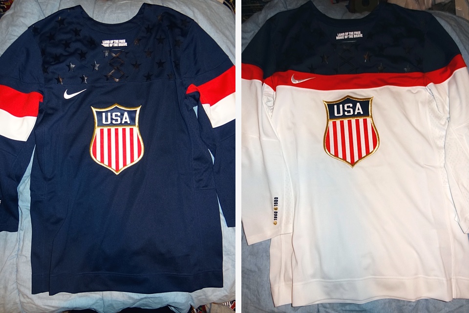  Notice how the crest is embroidered on the retail jerseys and "land of the free, home of the brave" stays inside the collar, but moves to the back. 
