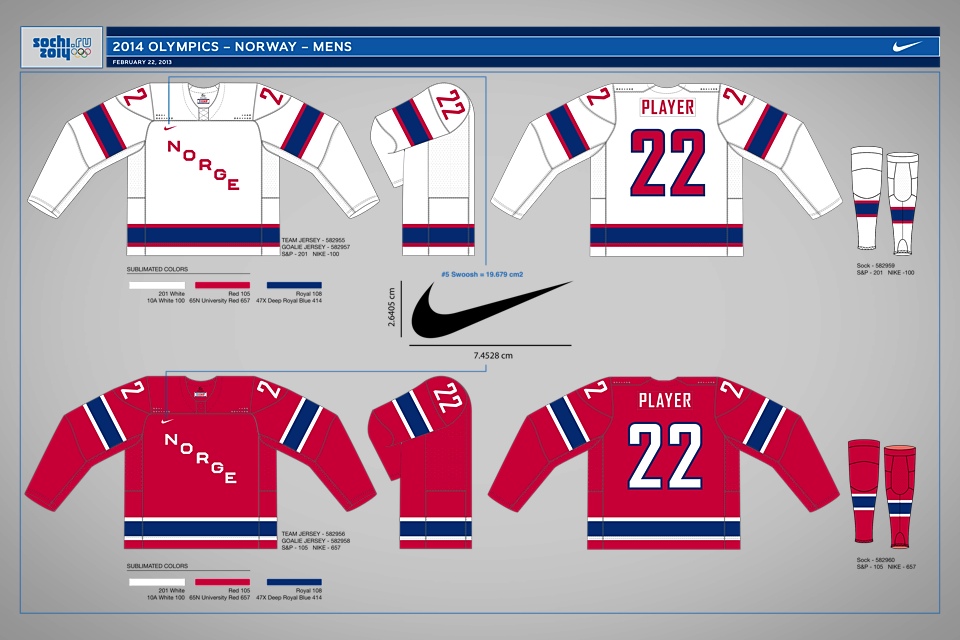  The Norwegian Ice Hockey Association released this digital rendering from Nike. Classic, traditional sweaters for Norway. 