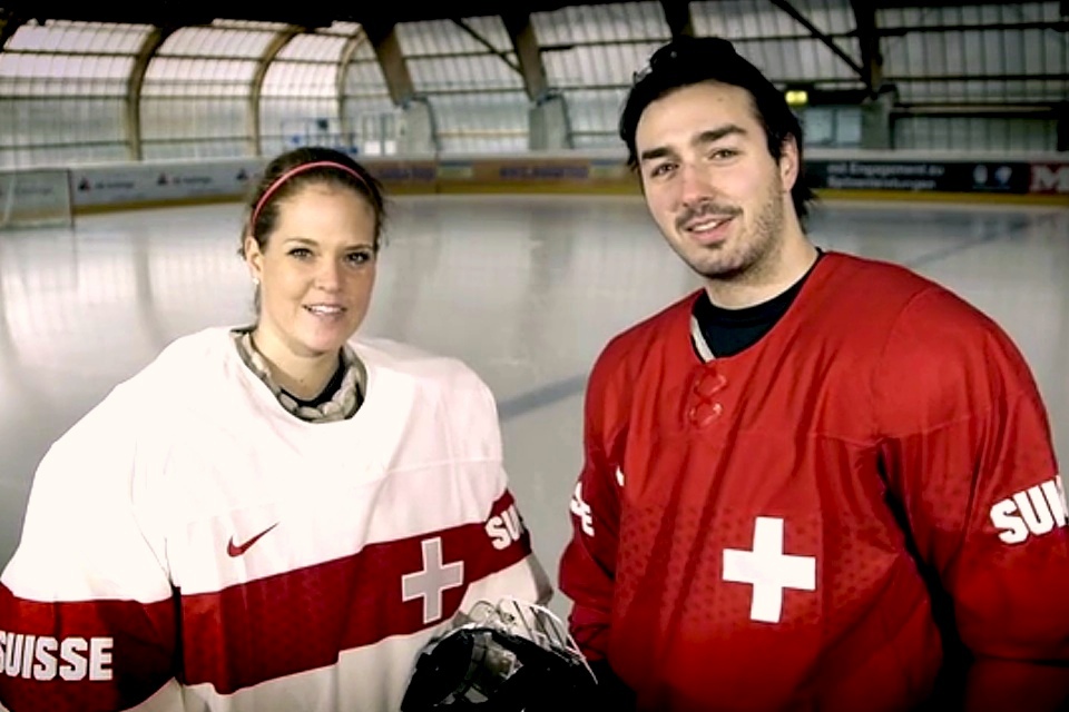  Two Swiss hockey players model their new Olympic jerseys in these video stills from Swiss Ice Hockey. 