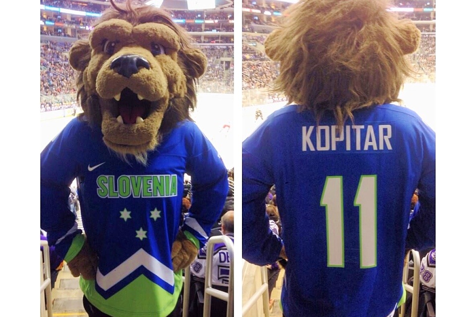  L.A. Kings mascot Bailey  tweeted this photo  of a Slovenian Kopitar jersey on Feb. 6 