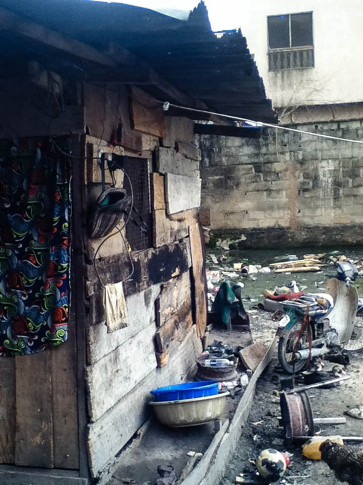   The home of Elijah, Gift and 3 other children, all under the age of 11. They live here alone on the side of a contaminated river in Ago Okota. 
 &nbsp;  