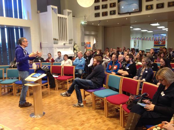 George speaking with friends, supporters and volunteers from Hands at Work UK