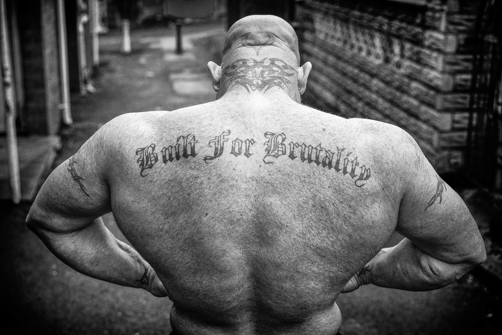 Lee "The Tank" Callaghan 7th in Mr Universe. Winner of Mr UK 4 times and Mr Wales 12 times. Photographed outside his home in Pant. This Time in Wales An exciting new project. Revisiting Merthyr Tydfil and the village of Heolgerrig after forty five years to photograph its people. It is a modern day update to my project Once Upon a Time in Wales. The project was supported by Arts Council Wales and the REDHOUSE Gallery in Merthyr Tydfil where the work was exhibited from April to June 2016.