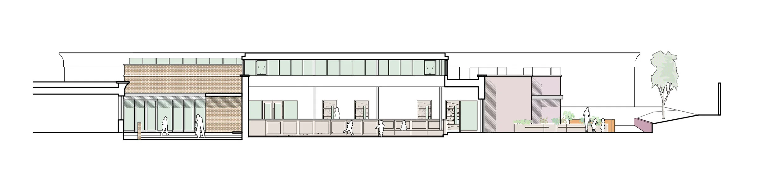 Cross section through entrance courtyard, central activities space and sensory garden.