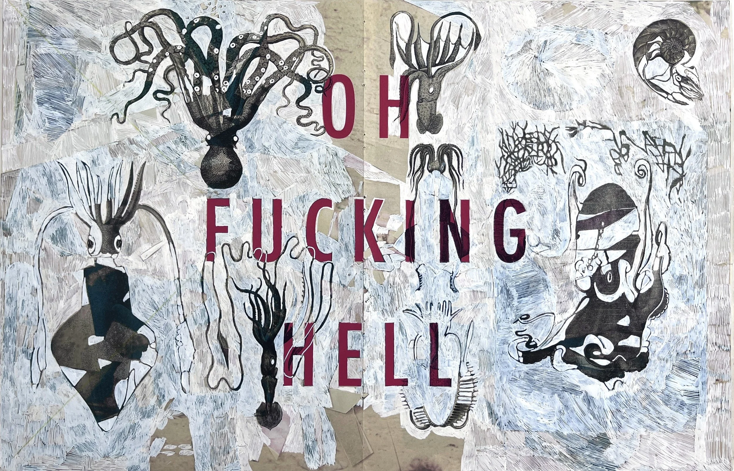 Oh Fucking Hell   |   Inkjet print, ink on found paper |   12 1/4 x 18 3/4 in, 31 x 48 cm   |    2022