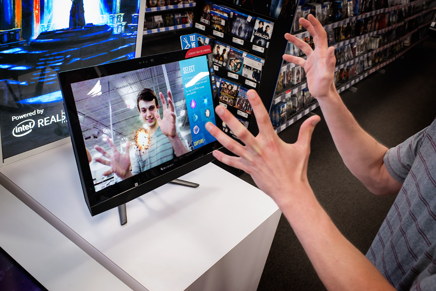 Cast a Spellfie: Move your hands to conjure and cast your Spellfie using Intel® RealSense™ technology, share your powers via SMS or email.