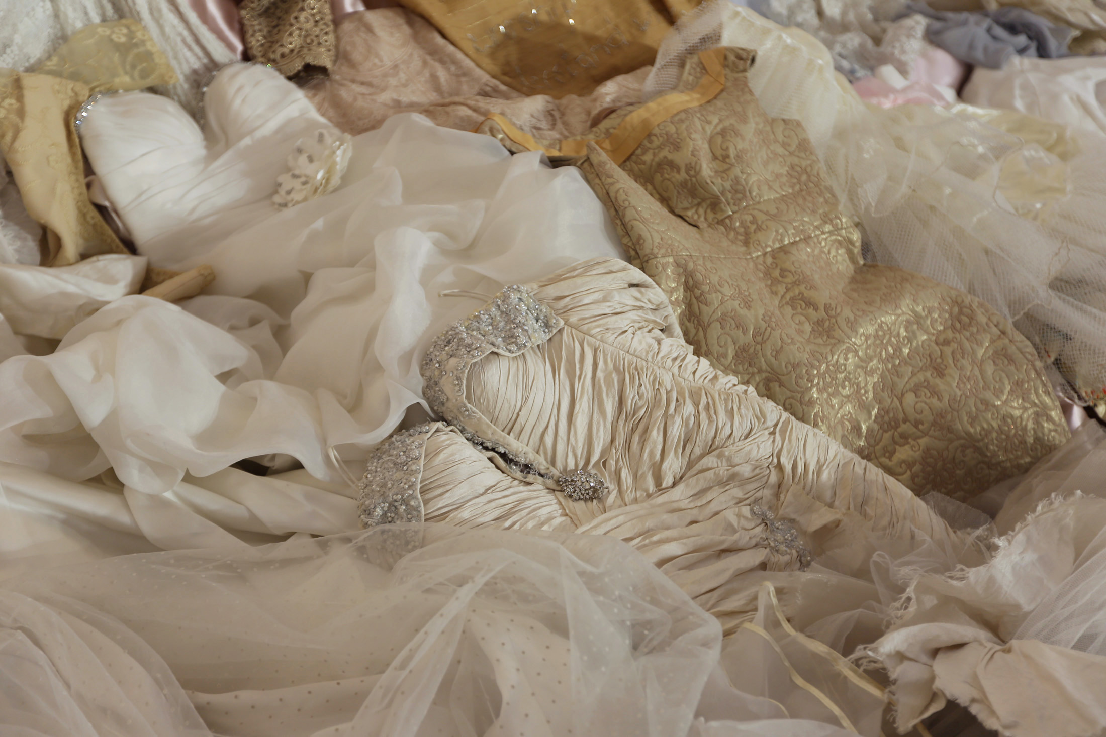 Frances Goodman , The Dream , (detail) (2010-2016). Silk, lace, organza, satin, beads and embroidery thread, wedding dresses, sound installation. Courtesy of the artist and Richard Taittinger Gallery, New York.