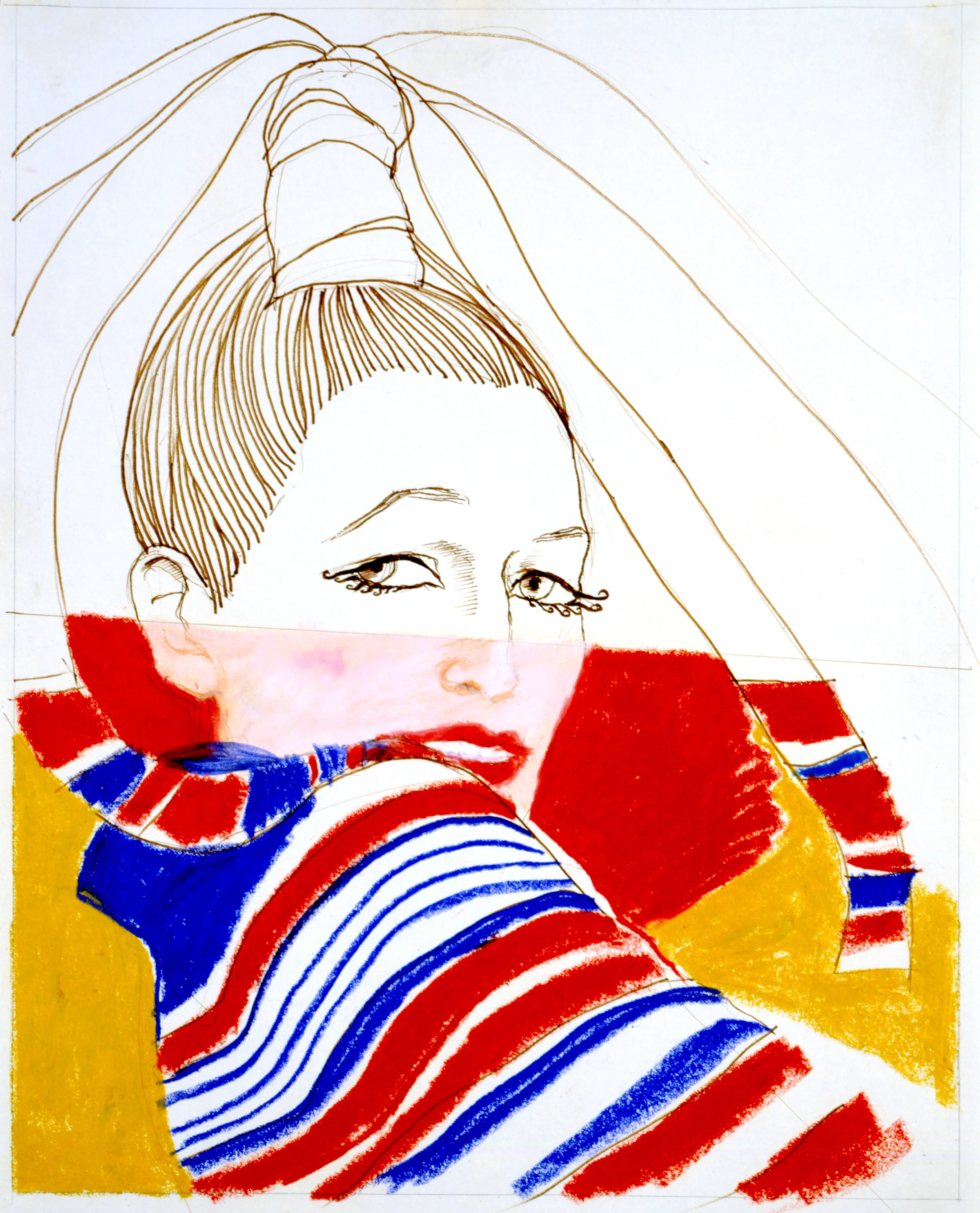 Top image: Antonio Lopez, Carole Labrie 2 Paris, 1971, ink marker on paper, 22.5” x 29”, Estate of Antonio Lopez & Juan Ramos. This image: Antonio Lopez, Maxime de la Falaise, NYC, 1967, Marker & oil pastel, 18” x 24”, Courtesy of the Estate of Antonio Lopez & Juan Ramos