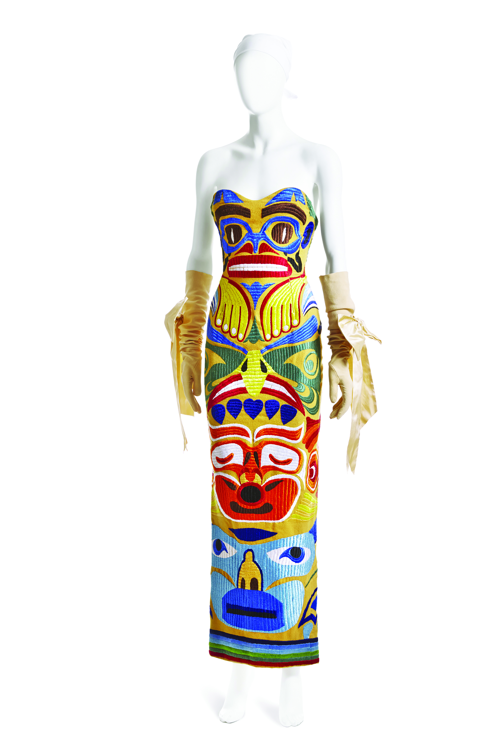 Isaac Mizrahi, Totem Pole Gown, fall 1991. Embroidered wool flannel, chamois gloves. Photograph © Jason Frank Rothenberg