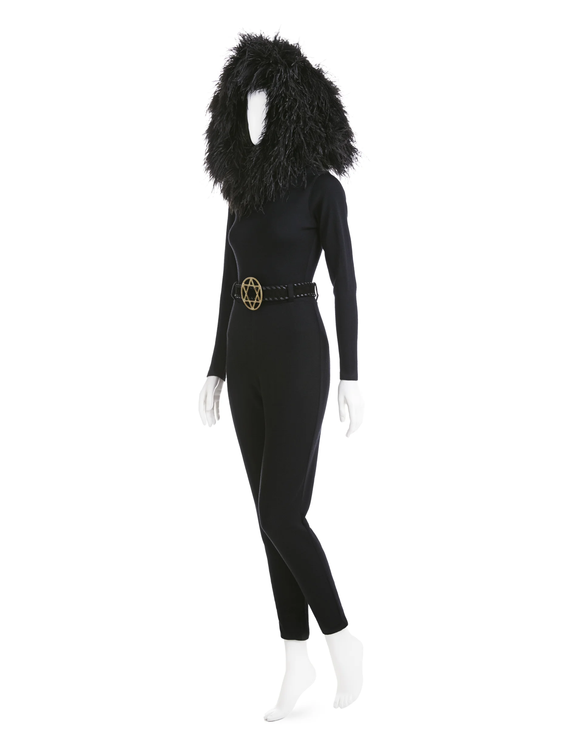 Blackbird, Star of David belt, ostrich-feather hood, stretch wool jersey bodysuit, stretch wool jersey pants, suede and brass belt, Fall 1991. Photograph: Jason Frank Rothenberg.