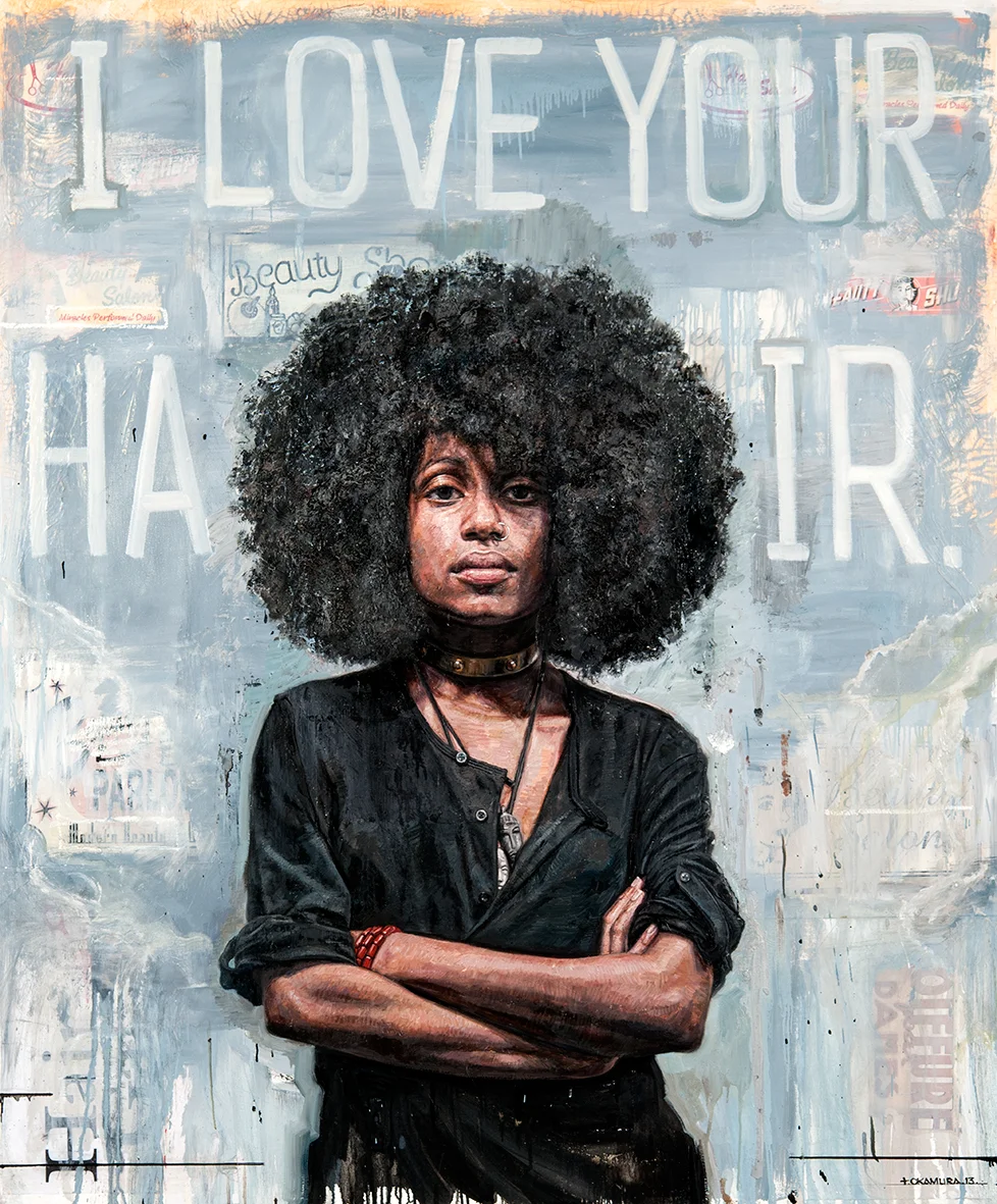 'I Love Your Hair', Tim Okamura, a finalist in the Outwin 2016: American Portraiture competition at The National Portrait Gallery. Courtesy of Yeelen Gallery. 