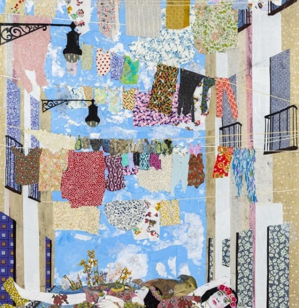Maria Berrio, Knitting the Wind, 2015, mixed media on canvas. Courtesy of Praxis Gallery.