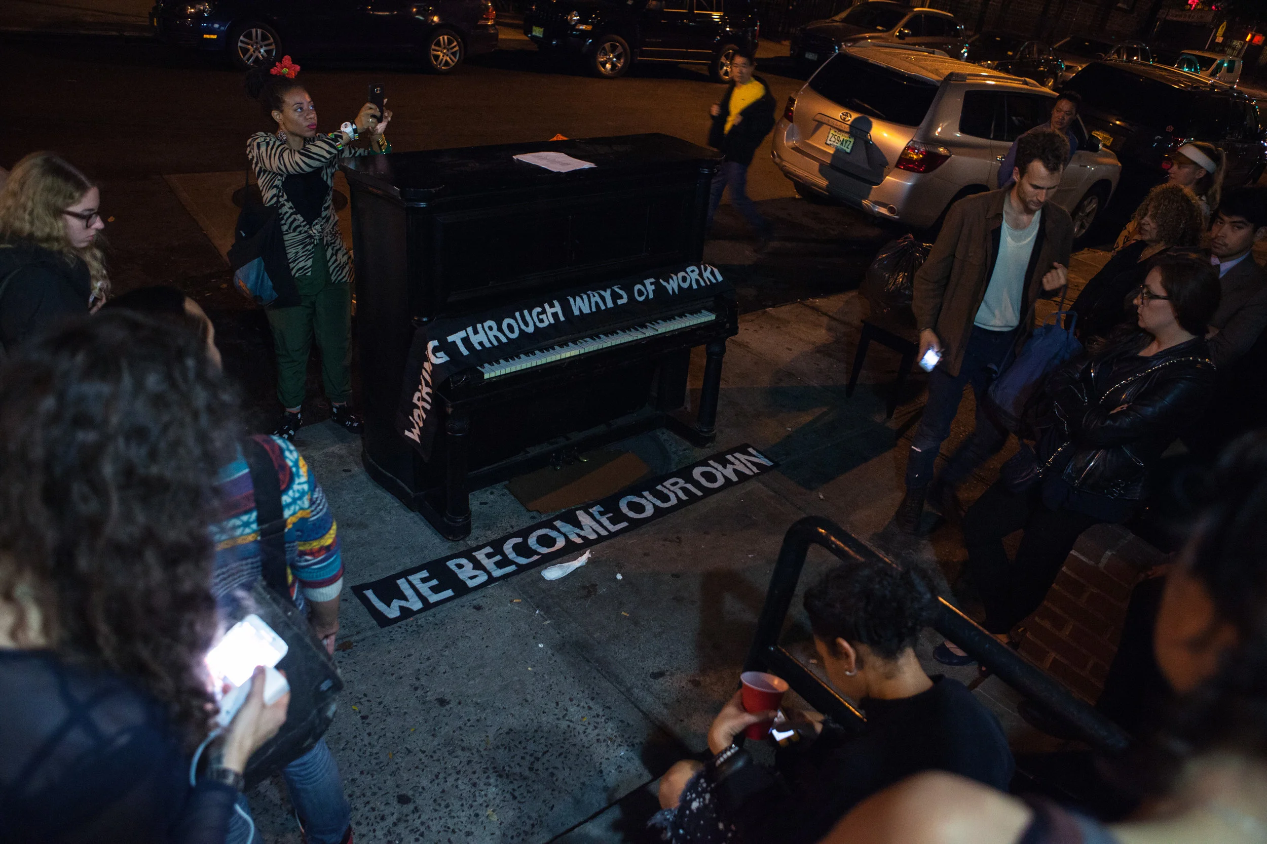 Evans as a curator during the 'Your Decolonizing Toolkit' performance with Esther Neff, IV Castellanos, and Maria Hupfield in “Feet on the Ground", New York. Courtesy of the artist.