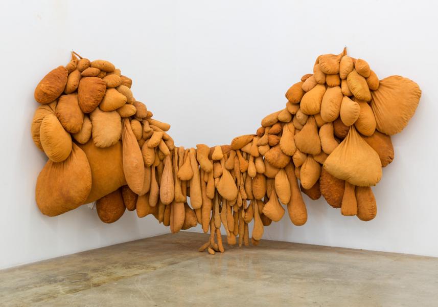 Solange Pessoa, Hammock , 1999-2003; Fabric, earth, and sponges, 85 x 166 x 48 in. (dimensions variable)