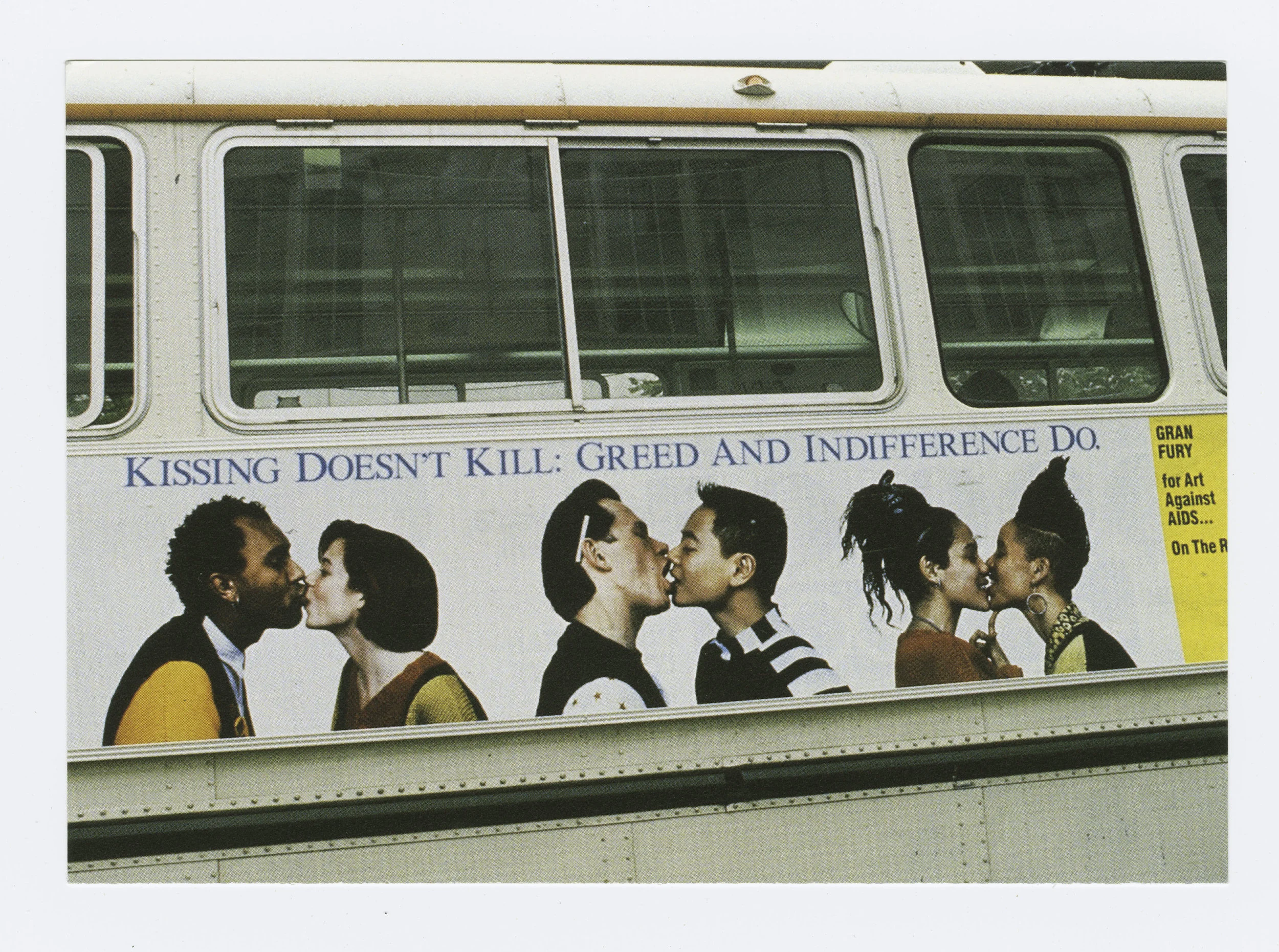 Kissing Doesn’t Kill: Greed and Indifference Dobus poster, design by Gran Fury for Art Against AIDS/On The Road and Creative Time, Inc. 1989, Gran Fury, Courtesy The New York Public Library Manuscripts and Archives Division
