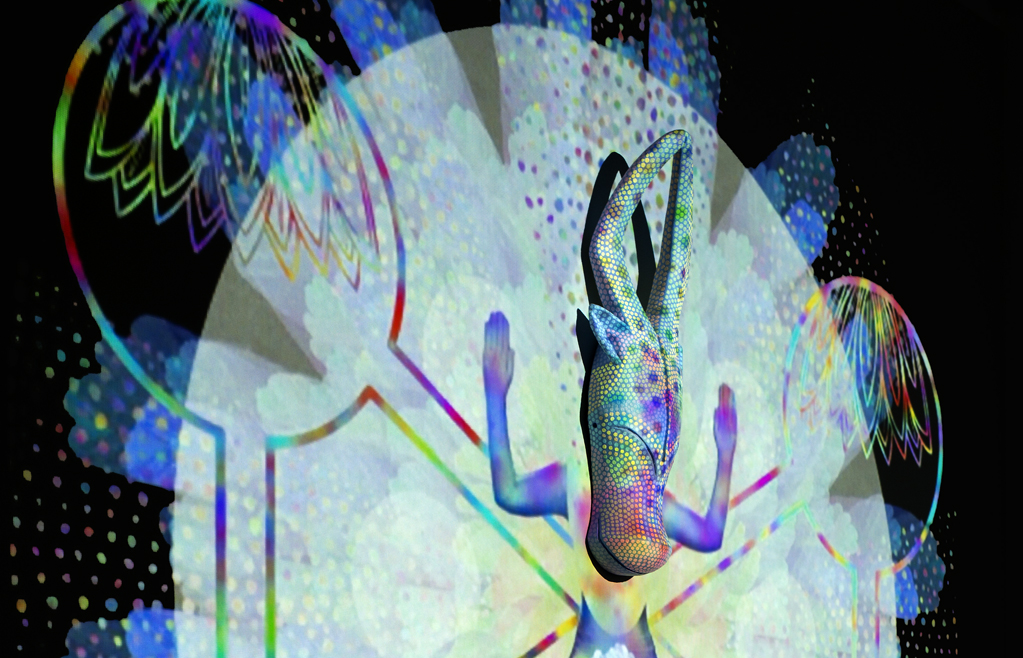 Saya Woolfalk, ChimaCloud: Venus , 2017 (Detail View), Single channel HD Video projection (continuous loop); acrylic gouache on wood, Projection: 90 in.diam., Sculpture: 23 x 8 x 3 inches. Copyright Saya Woolfalk, courtesy Leslie Tonkonow Artworks + Projects, New York