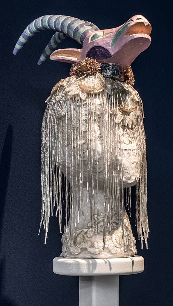 Saya Woolfalk, White Shed (Gazelle) , 2016, Mixed Media, Sculpture: 18 x 13 x 6 inches, Stand: 48 x 12 x 12 inches. Copyright Saya Woolfalk, courtesy Leslie Tonkonow Artworks + Projects, New York