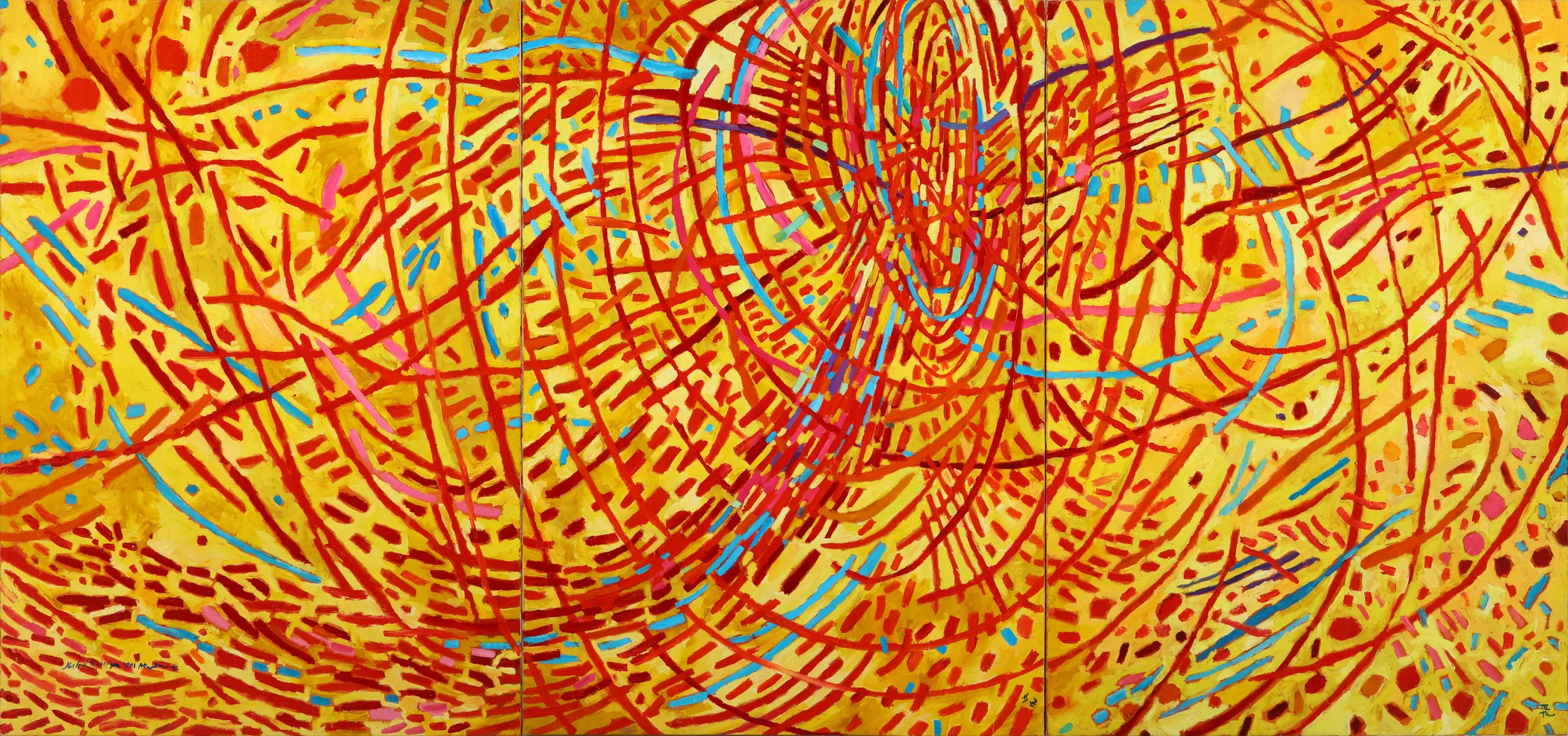 Mildred Thompson, Magnetic Fields, 1991. Oil on canvas, triptych, 70 1/2 x 150 in. Courtesy of the Mildred Thompson Estate, Atlanta, Georgia; Art and photo © The Mildred Thompson Estate, Atlanta, Georgia
