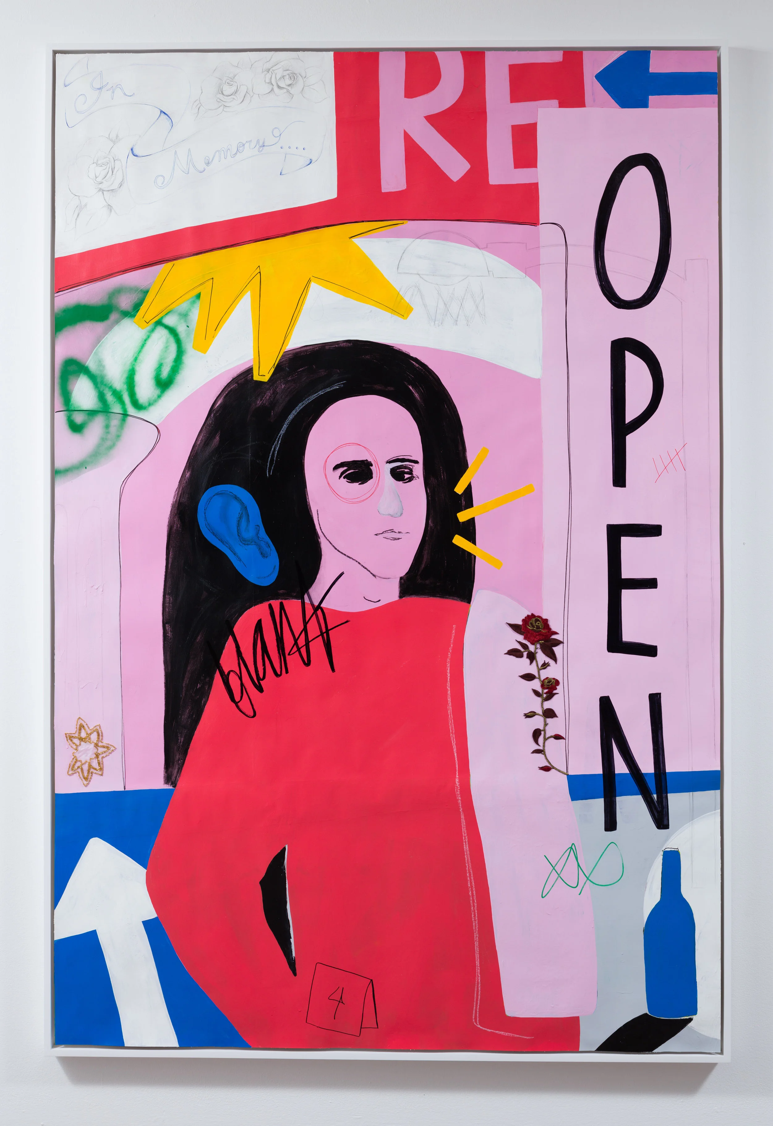 Open, acrylic, sharpie, spray paint, beaded and embroidered appliques on paper, 72 x 48 inches, unframed, 2017.