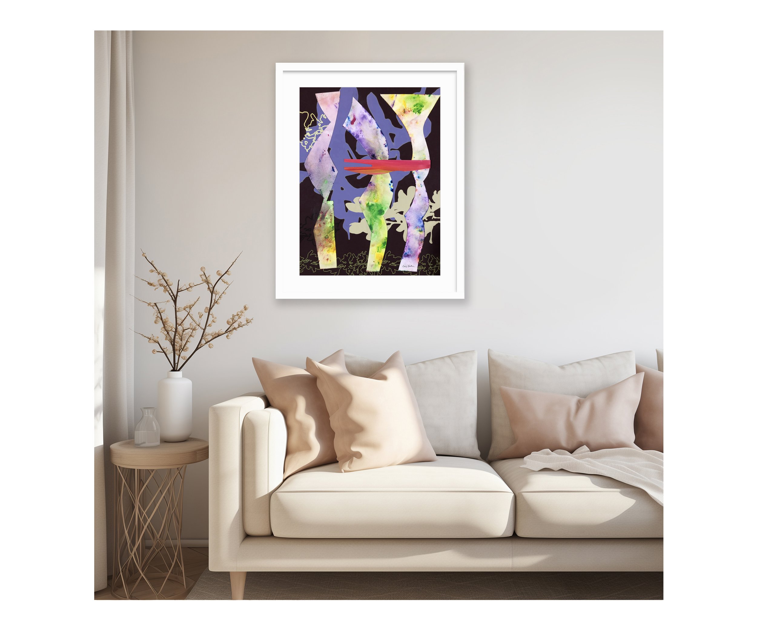 HULA, white frame over beige sofa, by Ceil Diskin