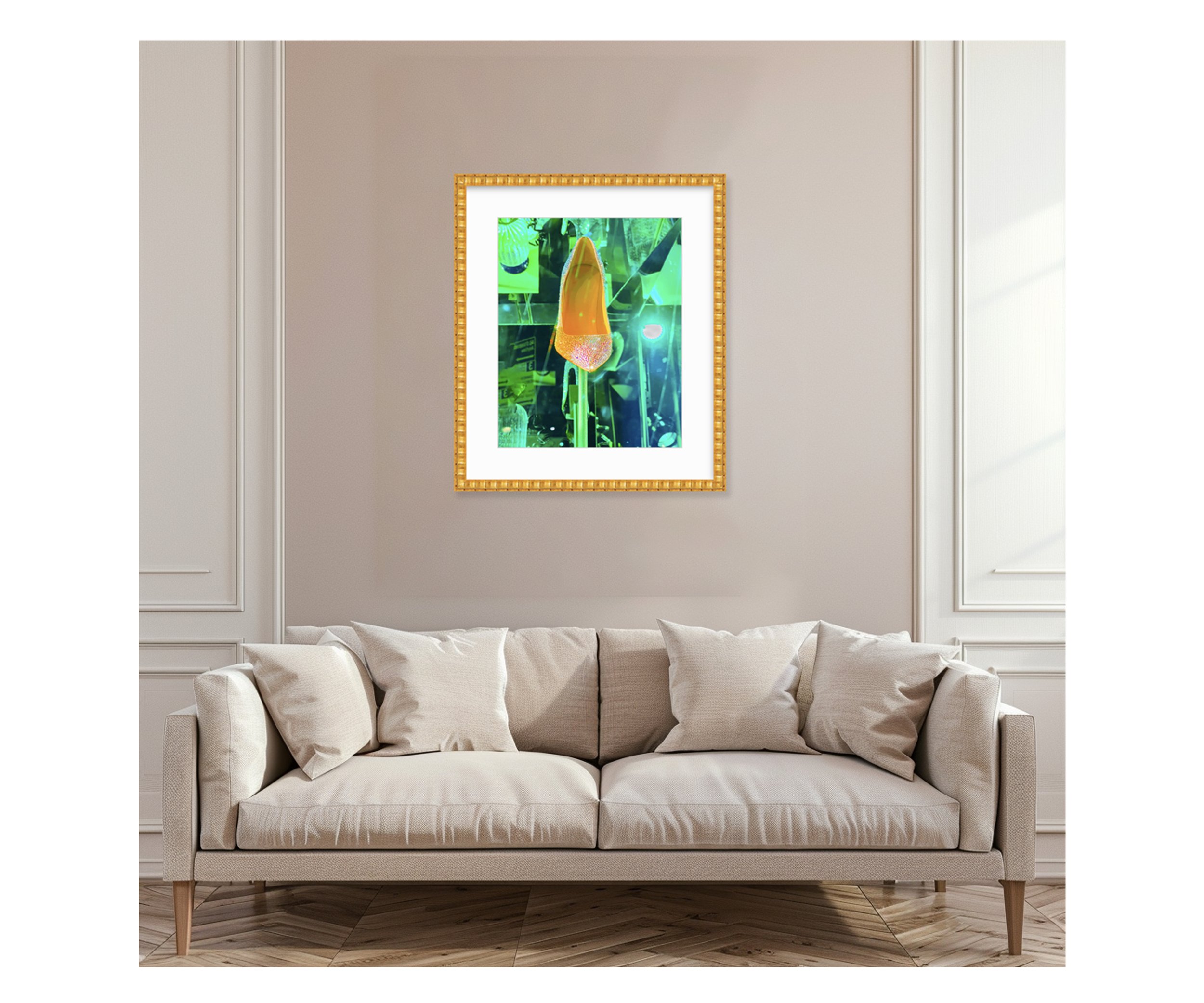 Cinderella Left This In The Emerald City, over pink sofa, by Ceil Diskin