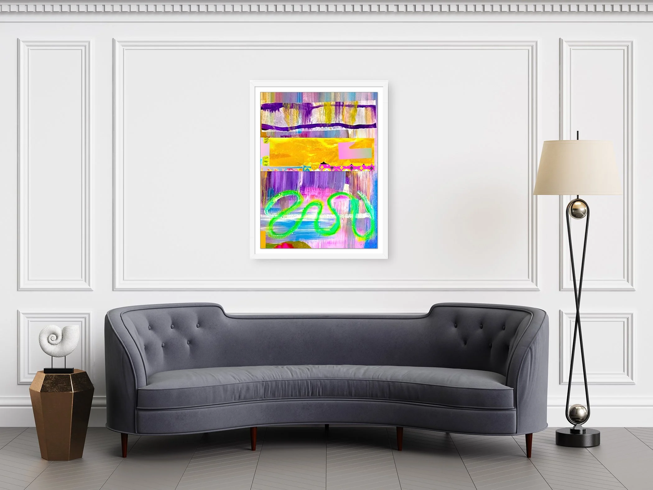 Stash.18”x24” painting print, matted & framed, in scene. Ceil Diskin, 2025.
