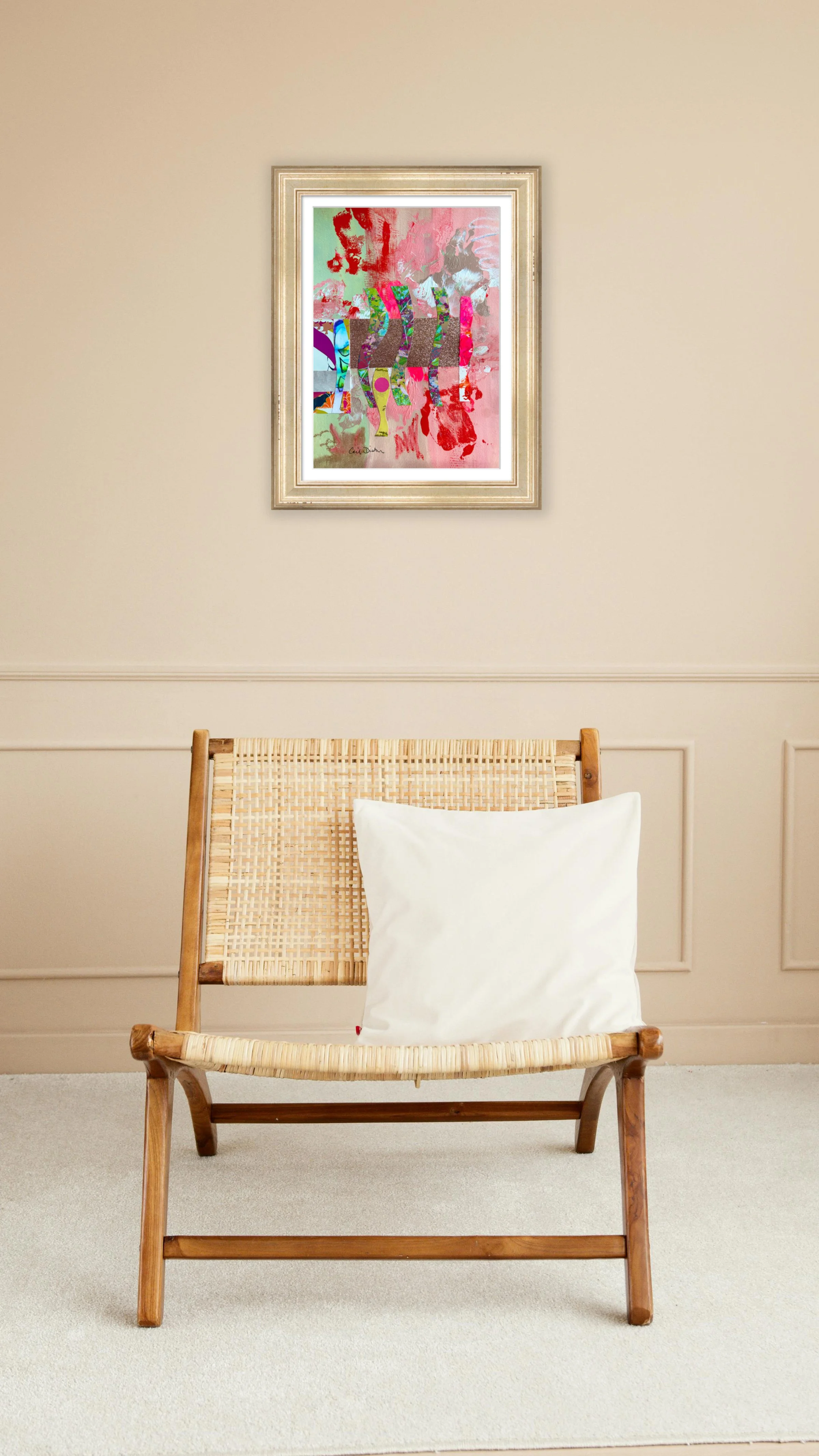 Joy, Sometimes. 10x14 collage print, matted & framed, in scene. Ceil Diskin-2025.