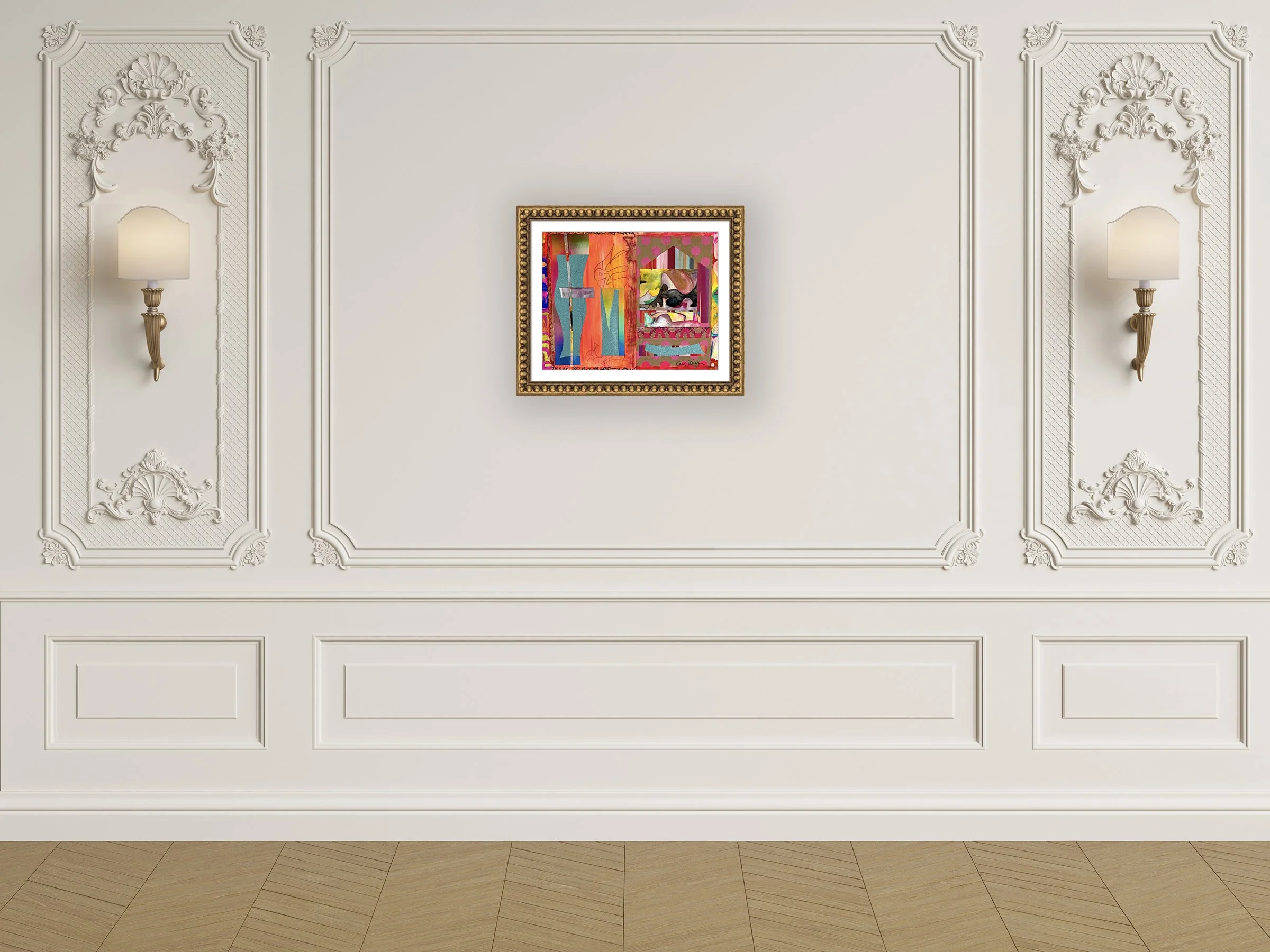 Summertime Birthday. 14x11 collage print, matted & framed, in scene. Ceil Diskin-2025.