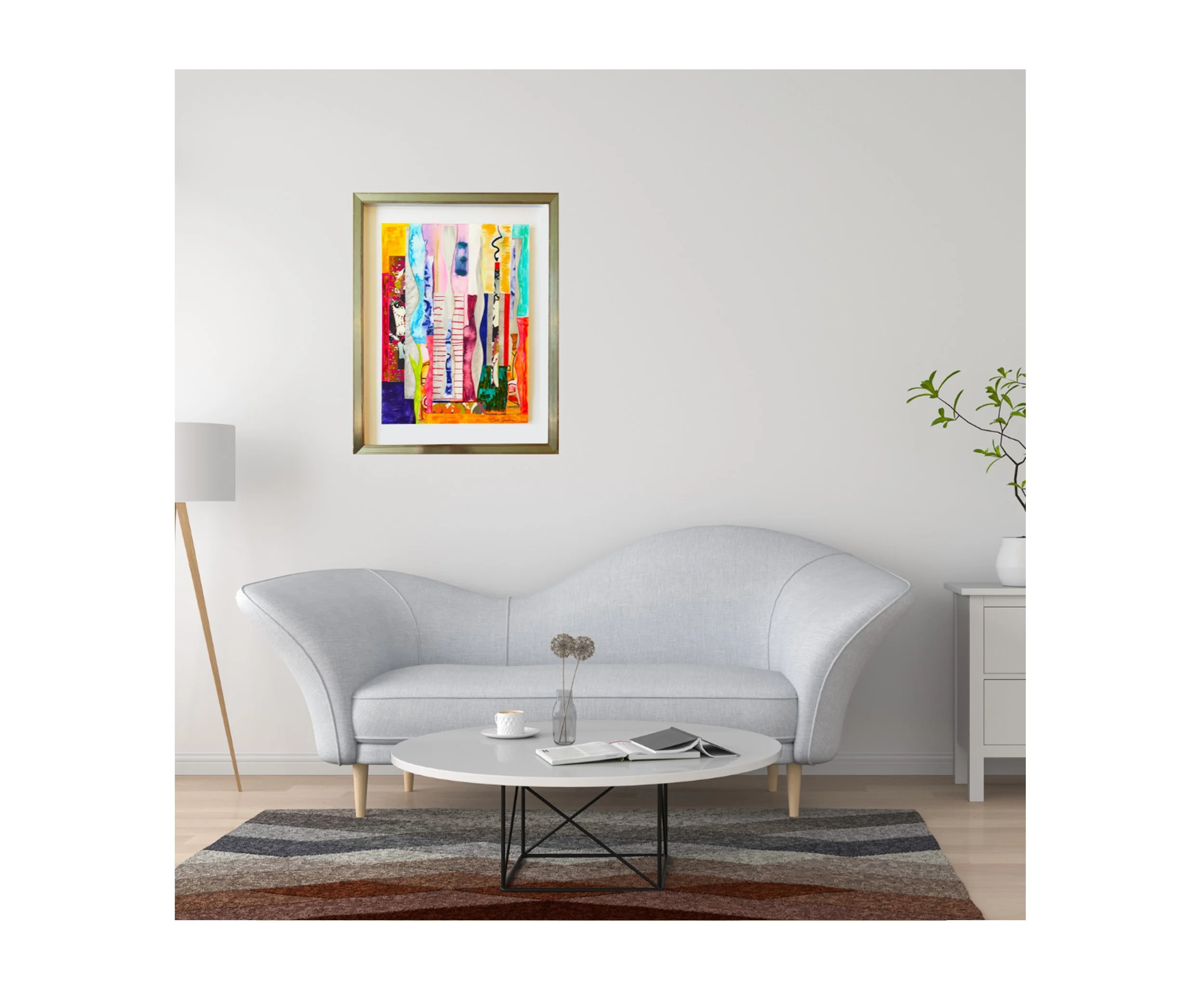 Restless, Mixed Media Collage, framed, over couch, by Ceil Diskin