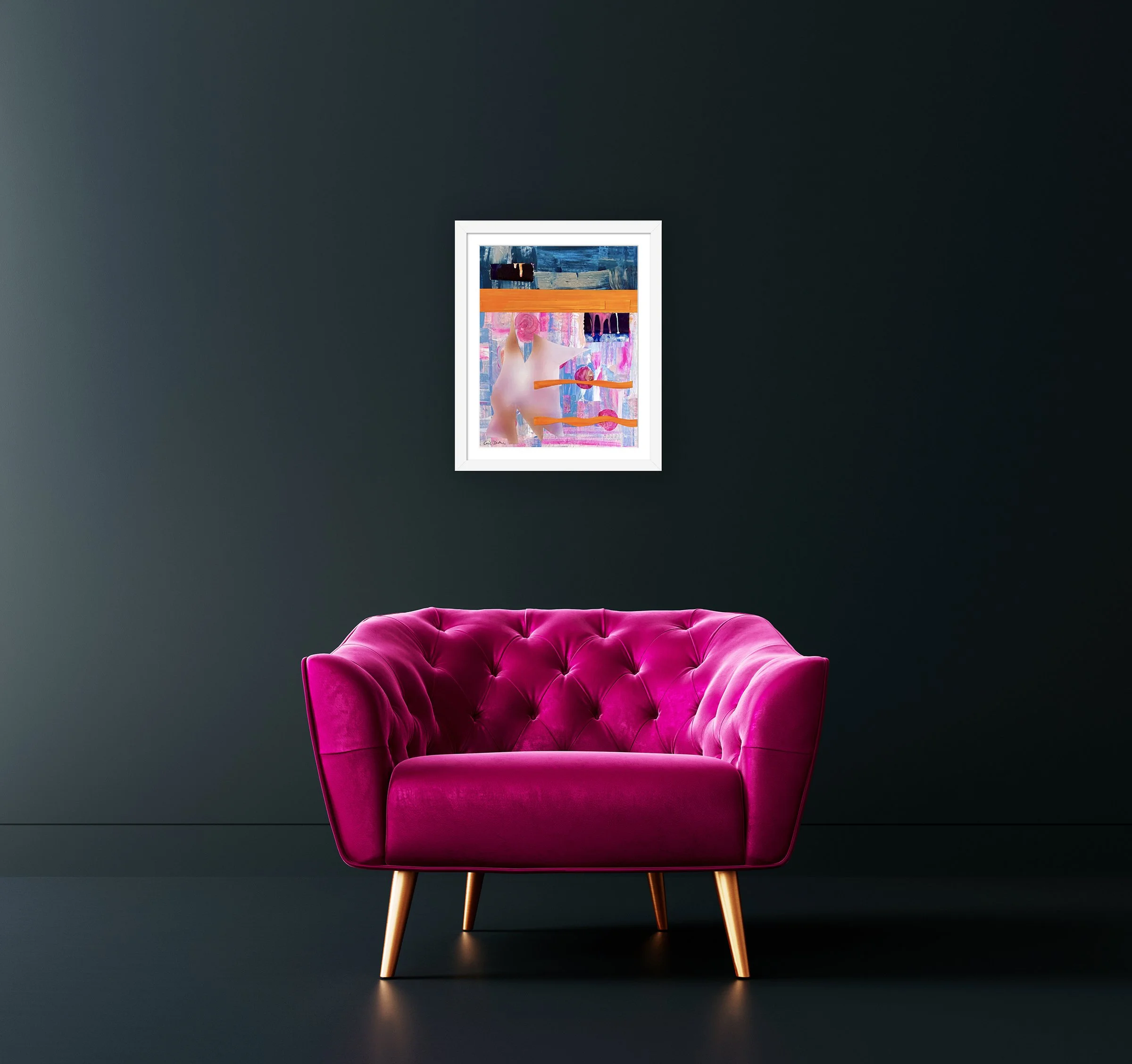 P.S. There’s Cake. 14x11 collage print, matted & framed, in scene. Ceil Diskin-2025.