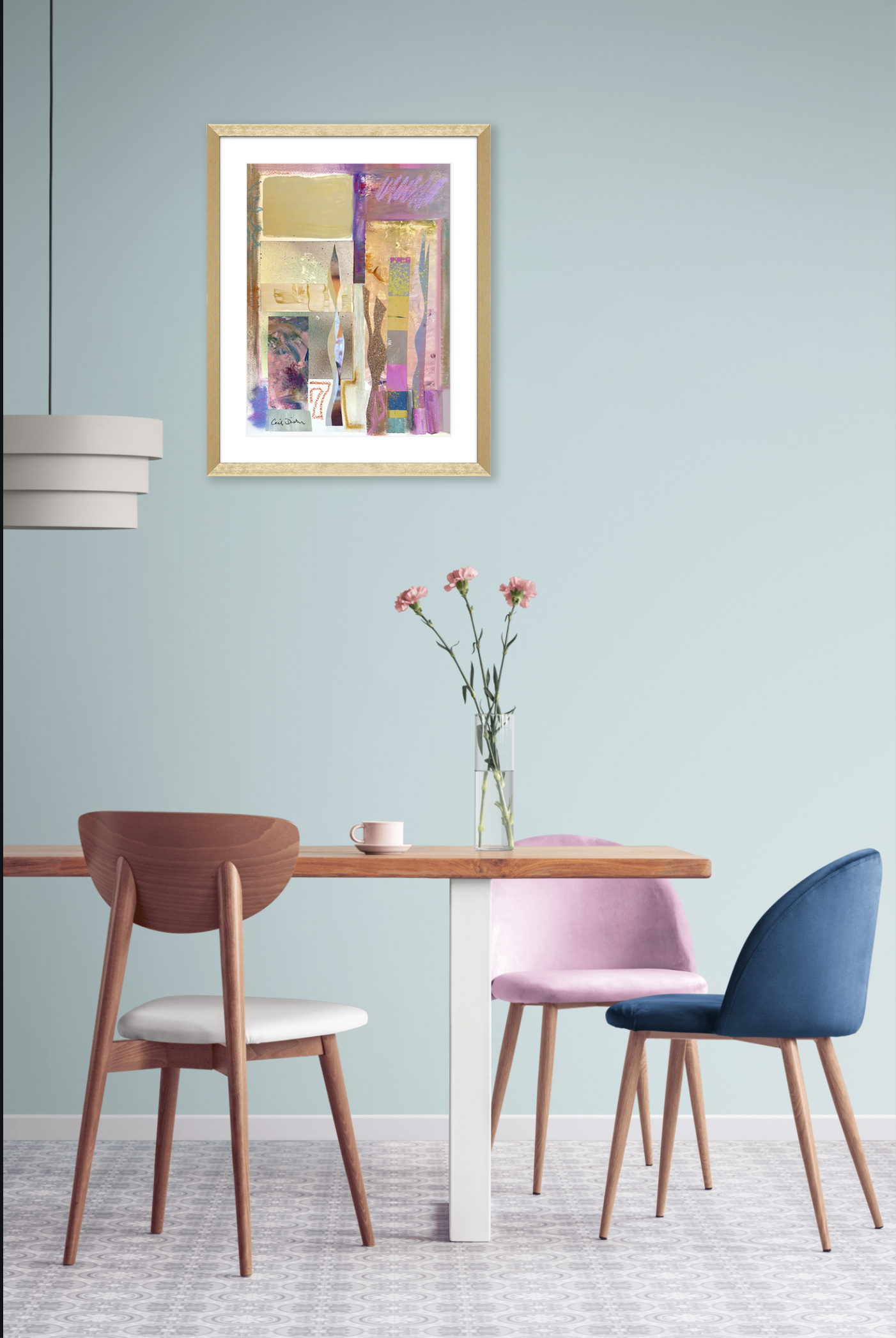 L'Ingenue, collage print in gold frame over dining table, by Ceil Diskin