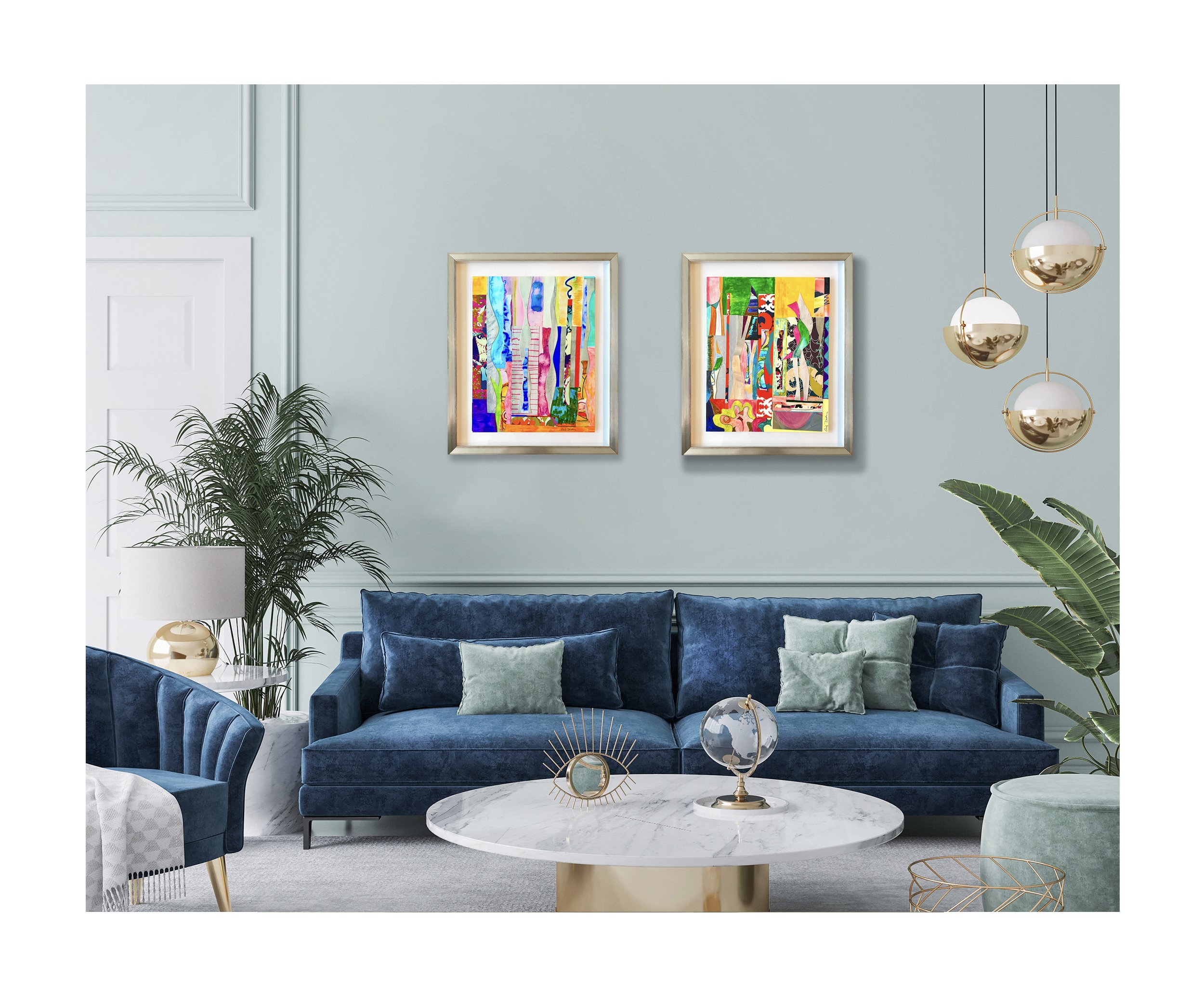 Kiss Me and Restless - framed Mixed Media Collages in scene
