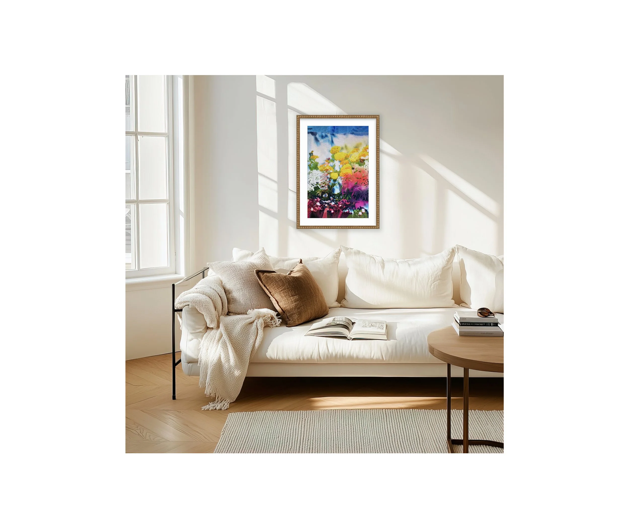 Flower Garden on Denim, in modern beige living room, by Ceil Diskin