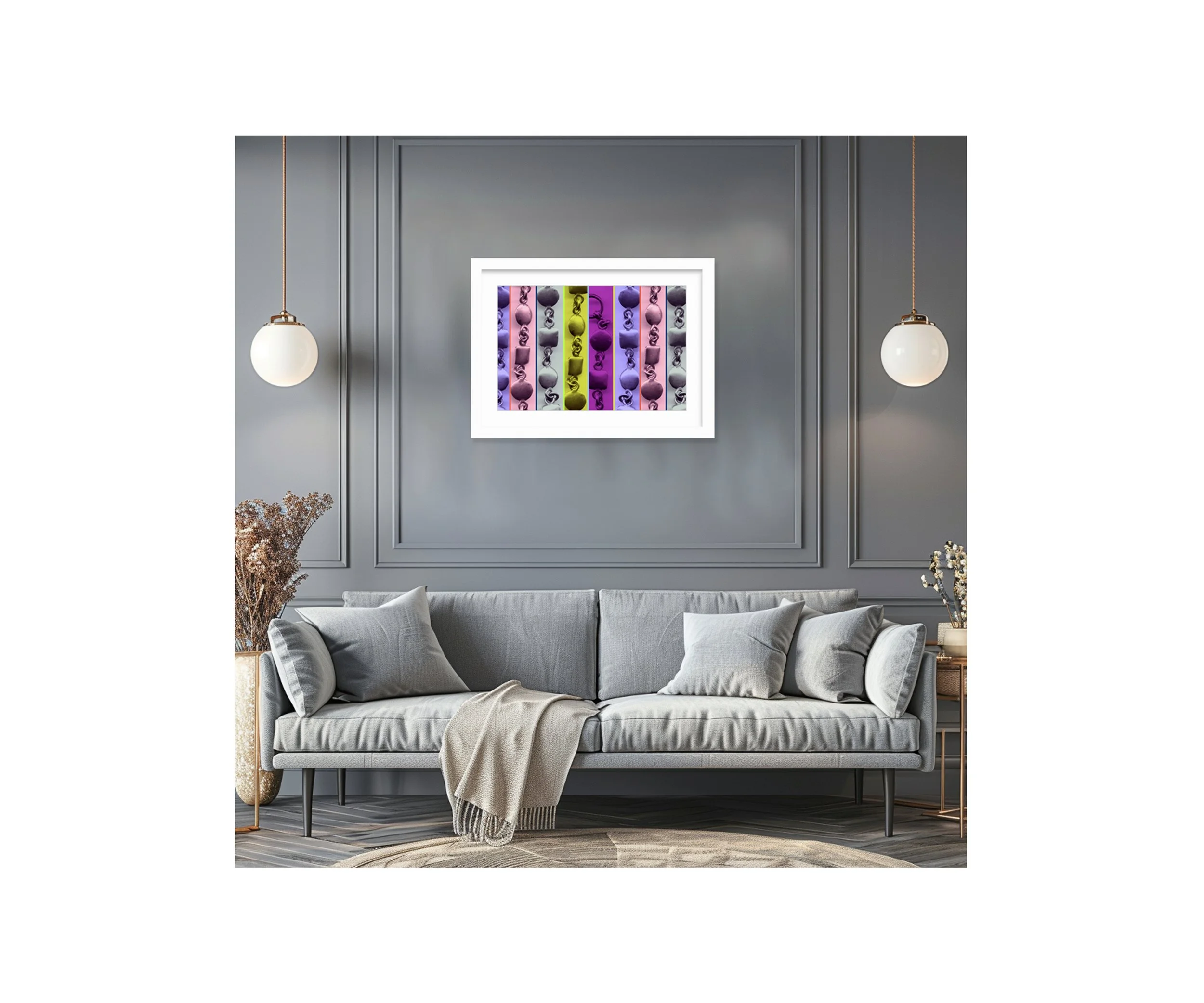 Chains, grey living room, by Ceil Diskin