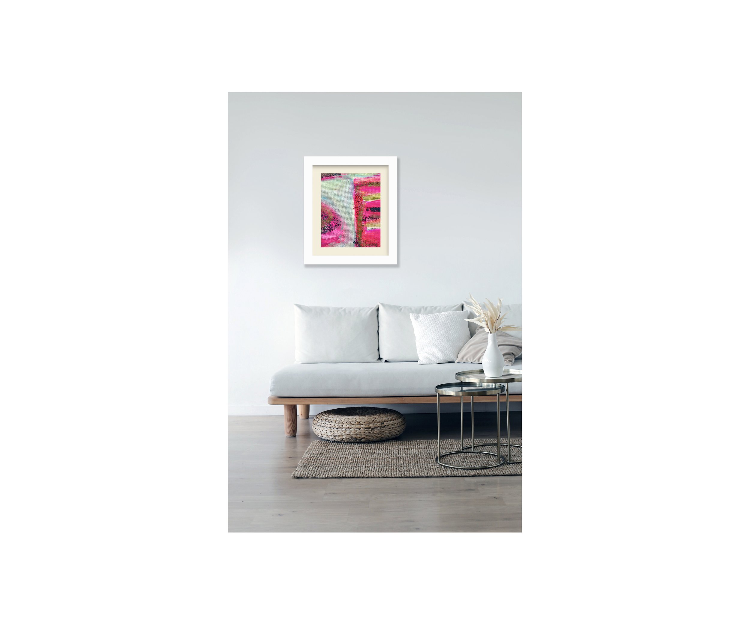 Not Balanced But Making Sense, Hot-to-Go Series, with white sofa, by Ceil Diskin