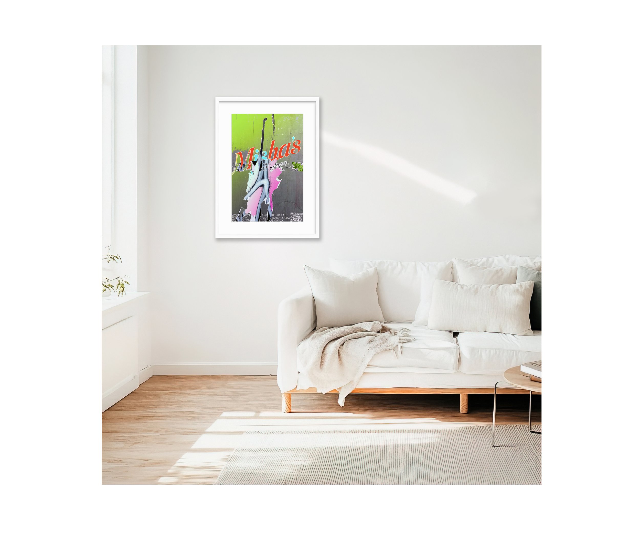 Misha's, white frame, with white couch, by Ceil Diskin