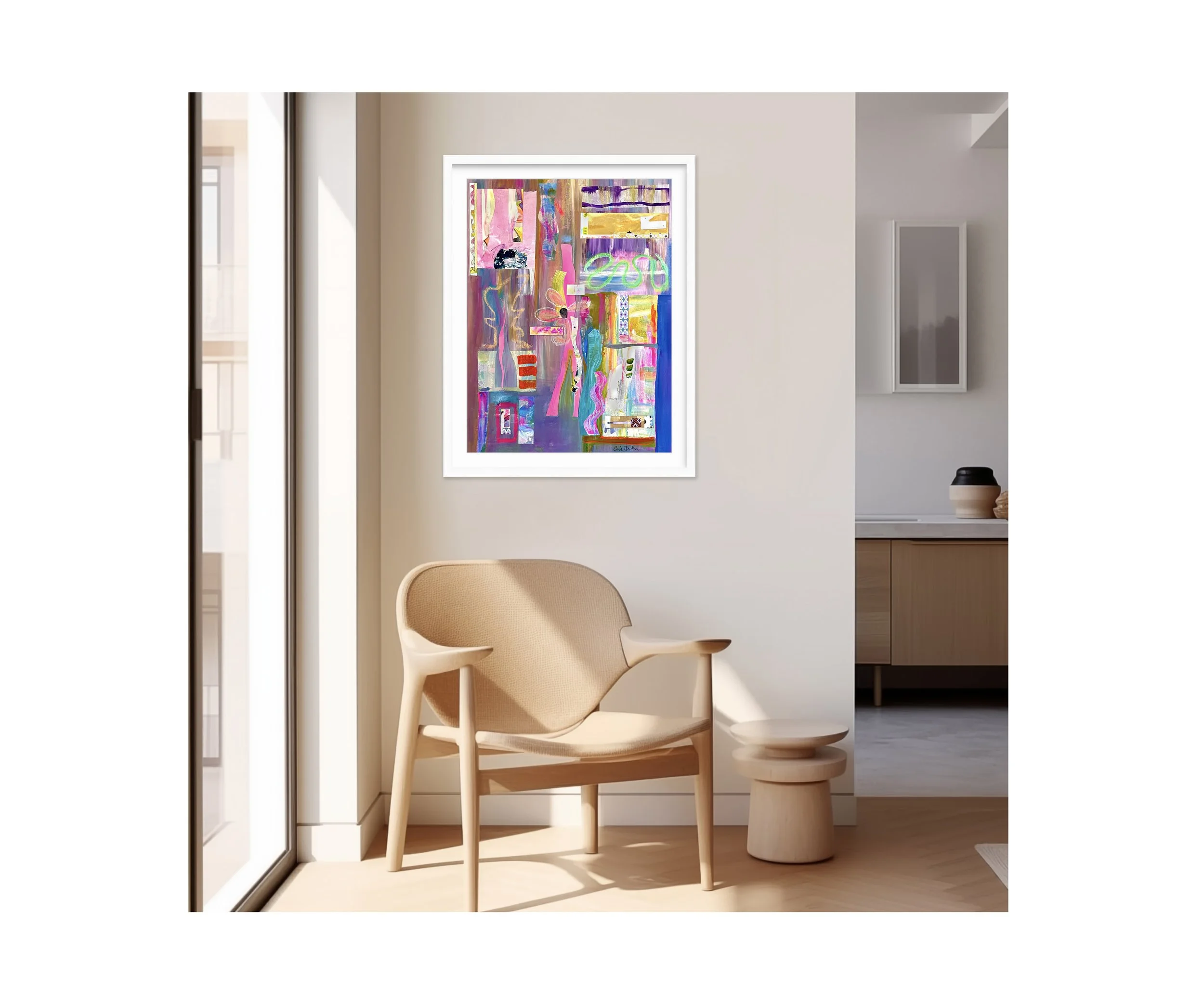 SMASH, hanging over beige chair, by Ceil Diskin