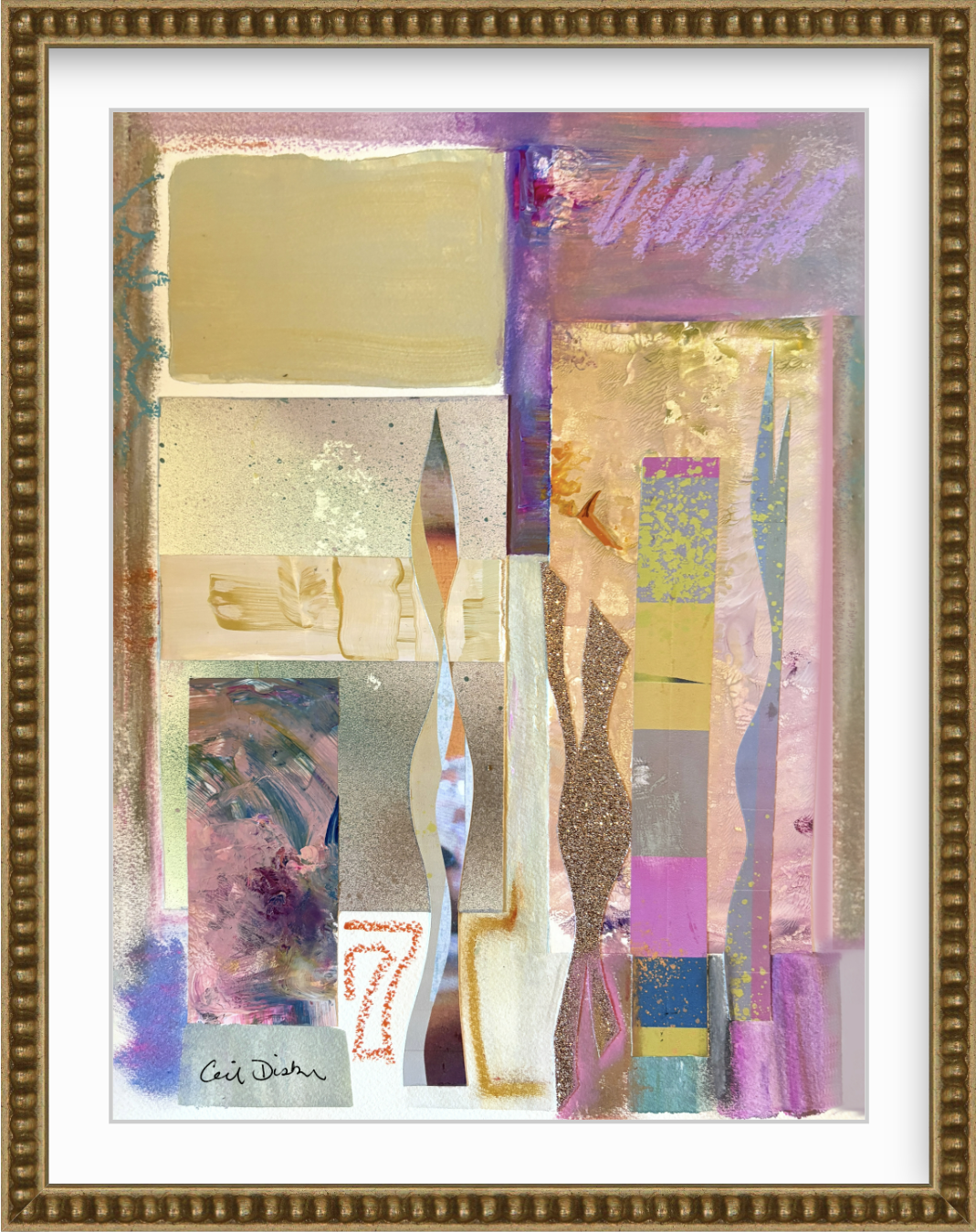 L'Ingenue, collage print in gold bead frame, by Ceil Diskin