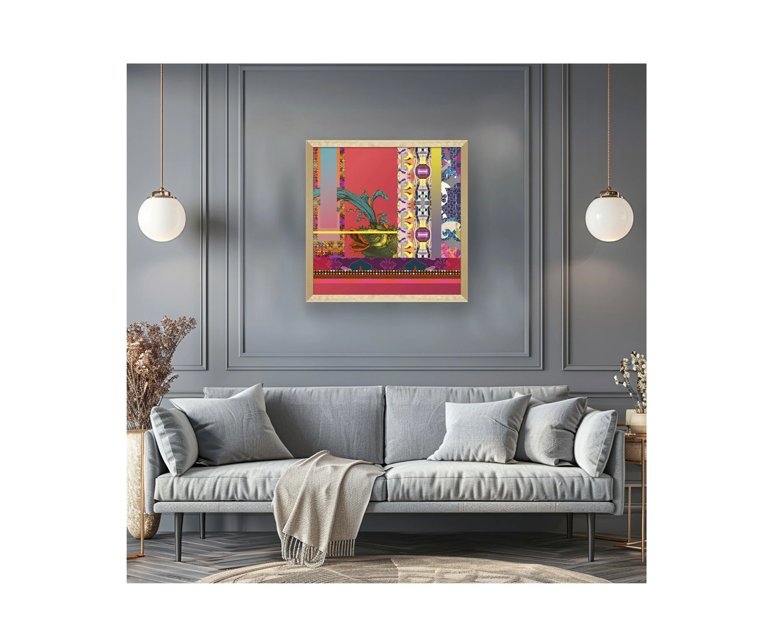 I Love This, gold frame, over grey sofa, by Ceil Diskin