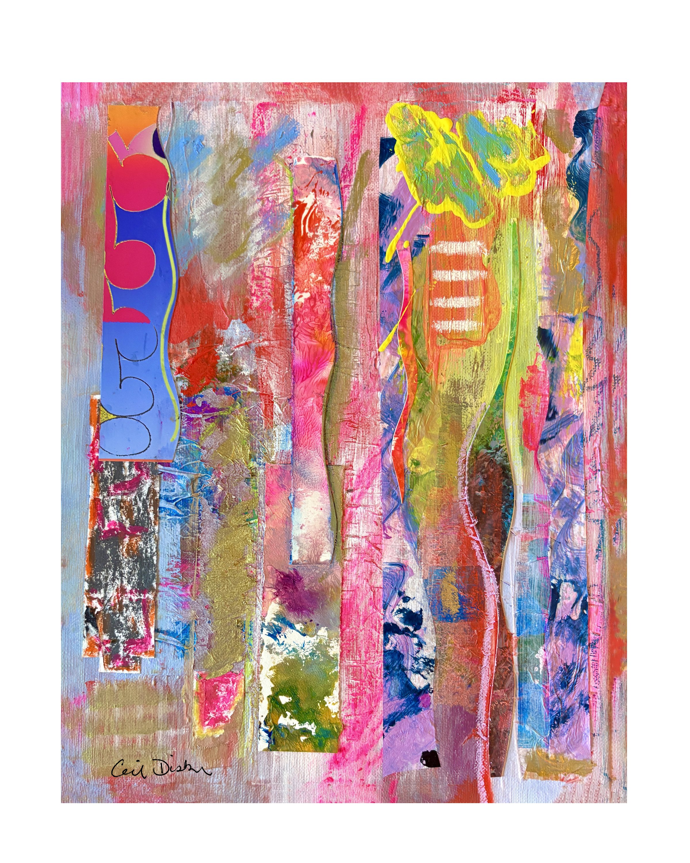 AfterParty. 11x14 mixed media collage on canvas. Ceil Diskin-2025.